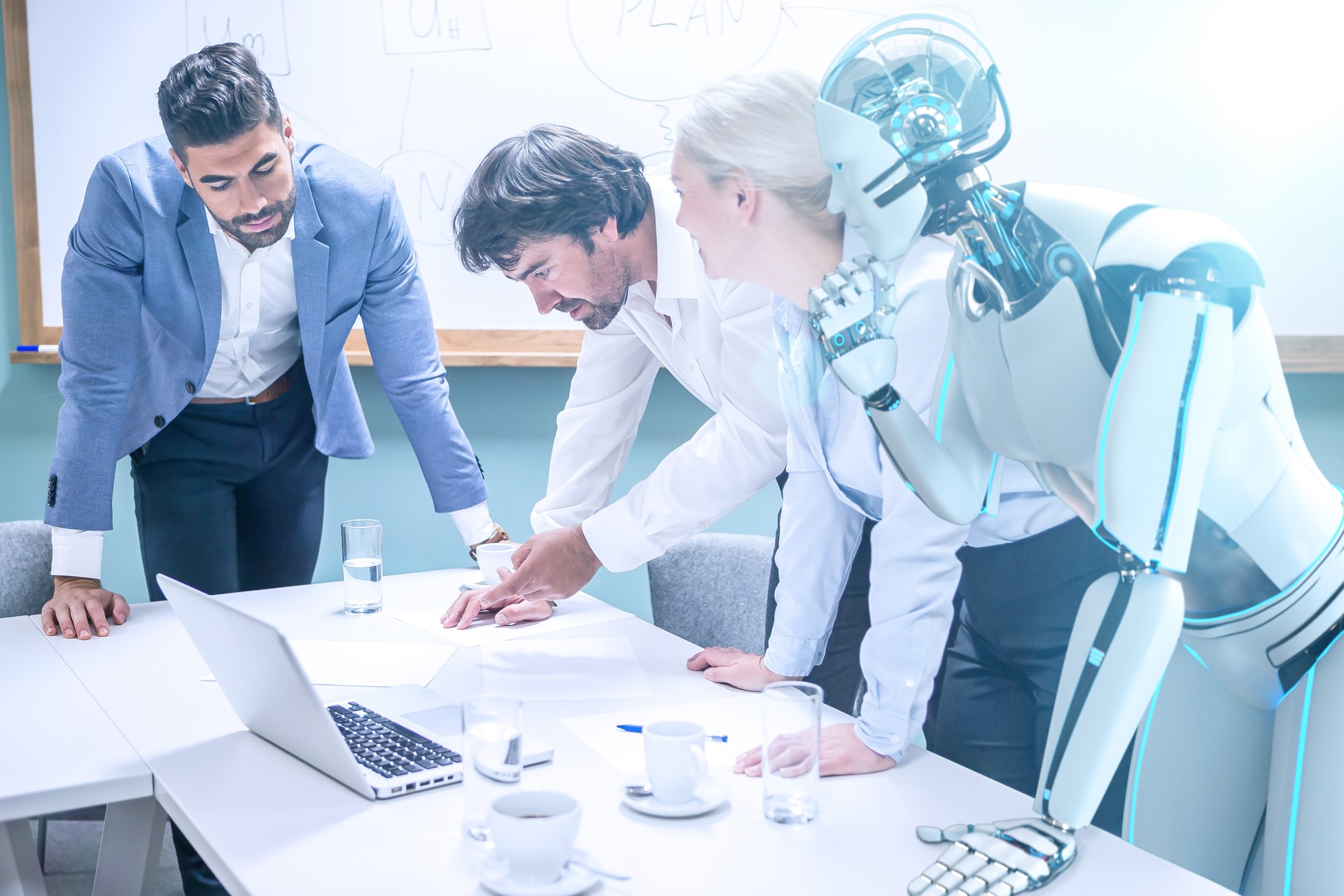 Businessmen with humanoid robot working